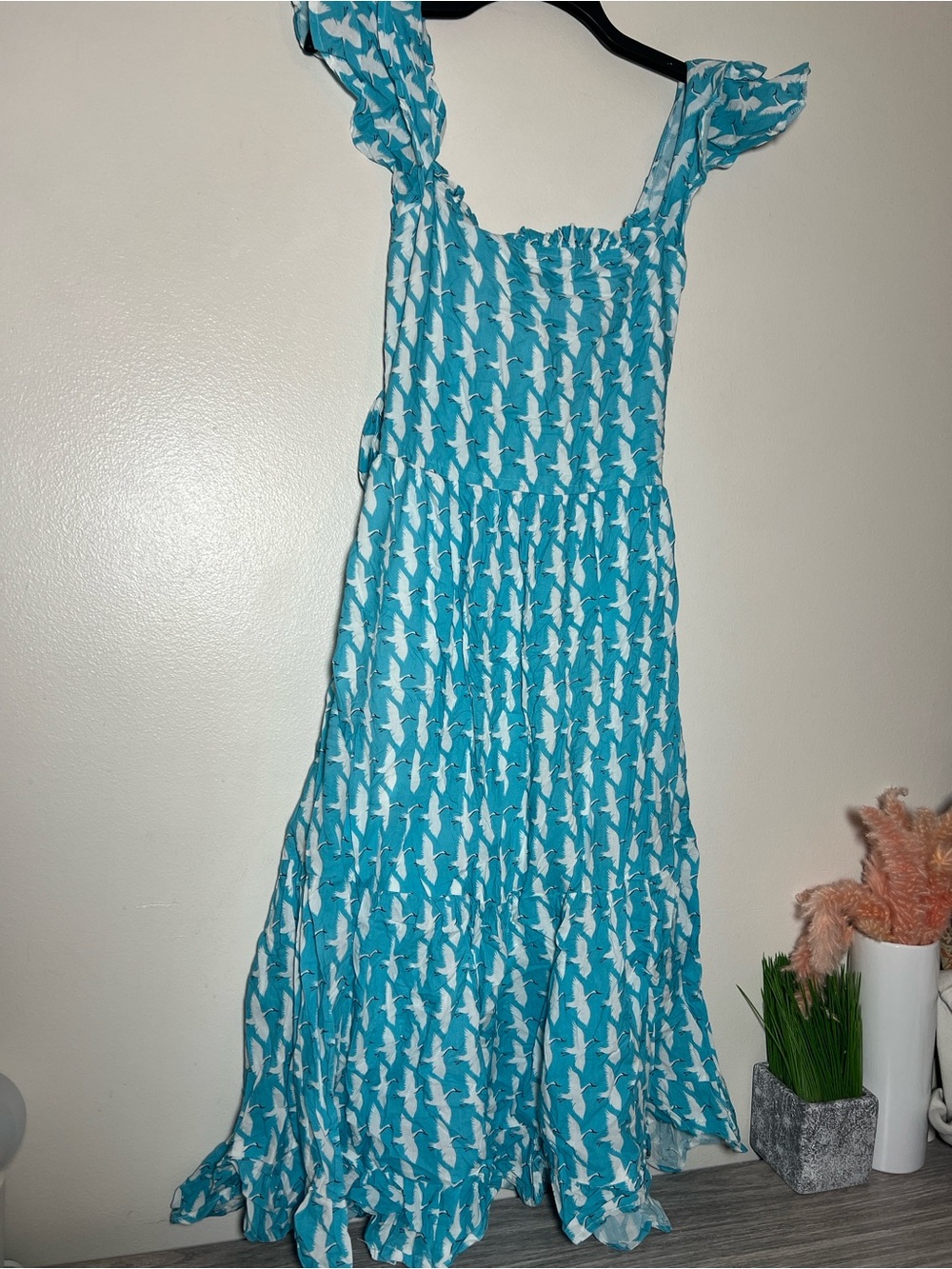 Victoria Dunn Blue & White Crane Tiered Sleeveless Midi Dress XS